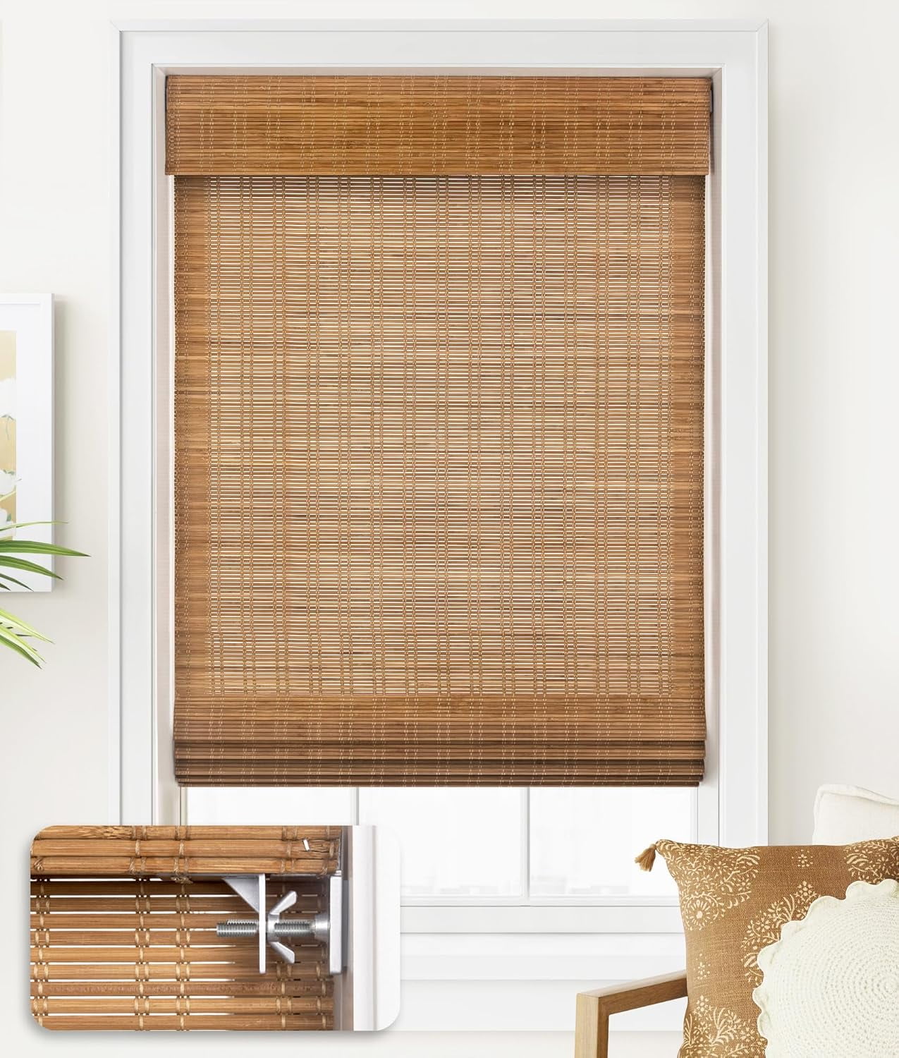 LazBlinds No Tools No Drill Cordless Bamboo Roman Shades, Light Filtering Window Treatment, Roll Up Bamboo Blinds for Window 30'' W x 64'' H, Ceylon Light Russet