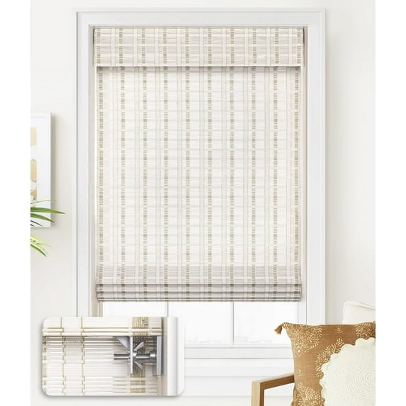 LazBlinds No Tools No Drill Cordless Bamboo Roman Shades, Light Filtering Window Treatment, Roll Up Bamboo Blinds for Window 43'' W x 64'' H, Whitewash B