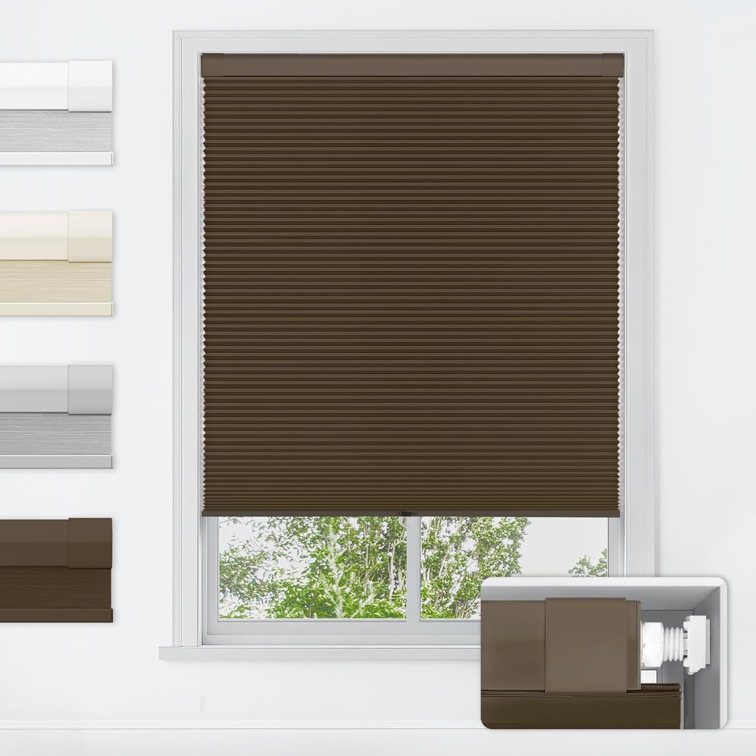 LazBlinds No Tools No Drill Cordless Cellular Shades, Blackout Light Blocking Honeycomb Shades for Home, Thermal Insulation Blinds for Windows, 34" W x 64" H, Dark Coffee