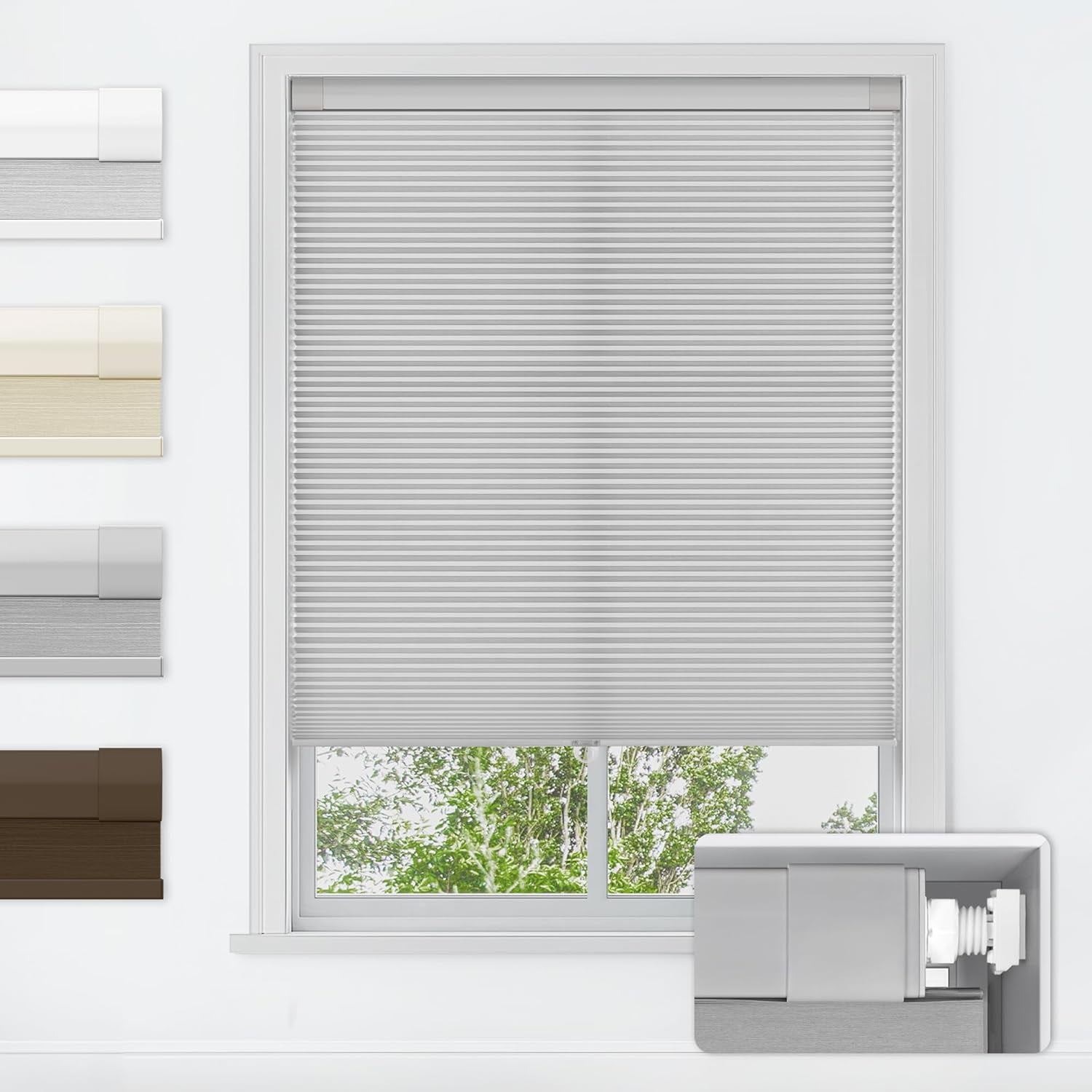 LazBlinds No Tools No Drill Cordless Cellular Shades, Light Filtering Honeycomb Shades for Home, Thermal Insulation Blinds for Windows, 44" W x 64" H, Grey