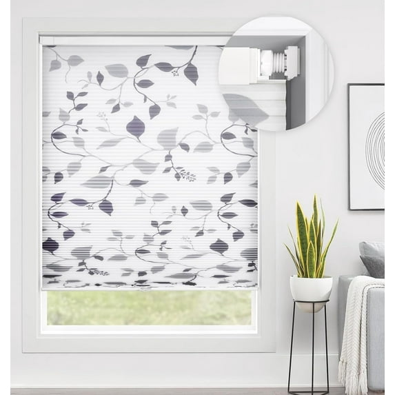 LazBlinds No Tools No Drill Cordless Cellular Shades, Light Filtering Honeycomb Window Blinds Pleated Blinds for Window Size 35" W x 64" H, Grey Leaves