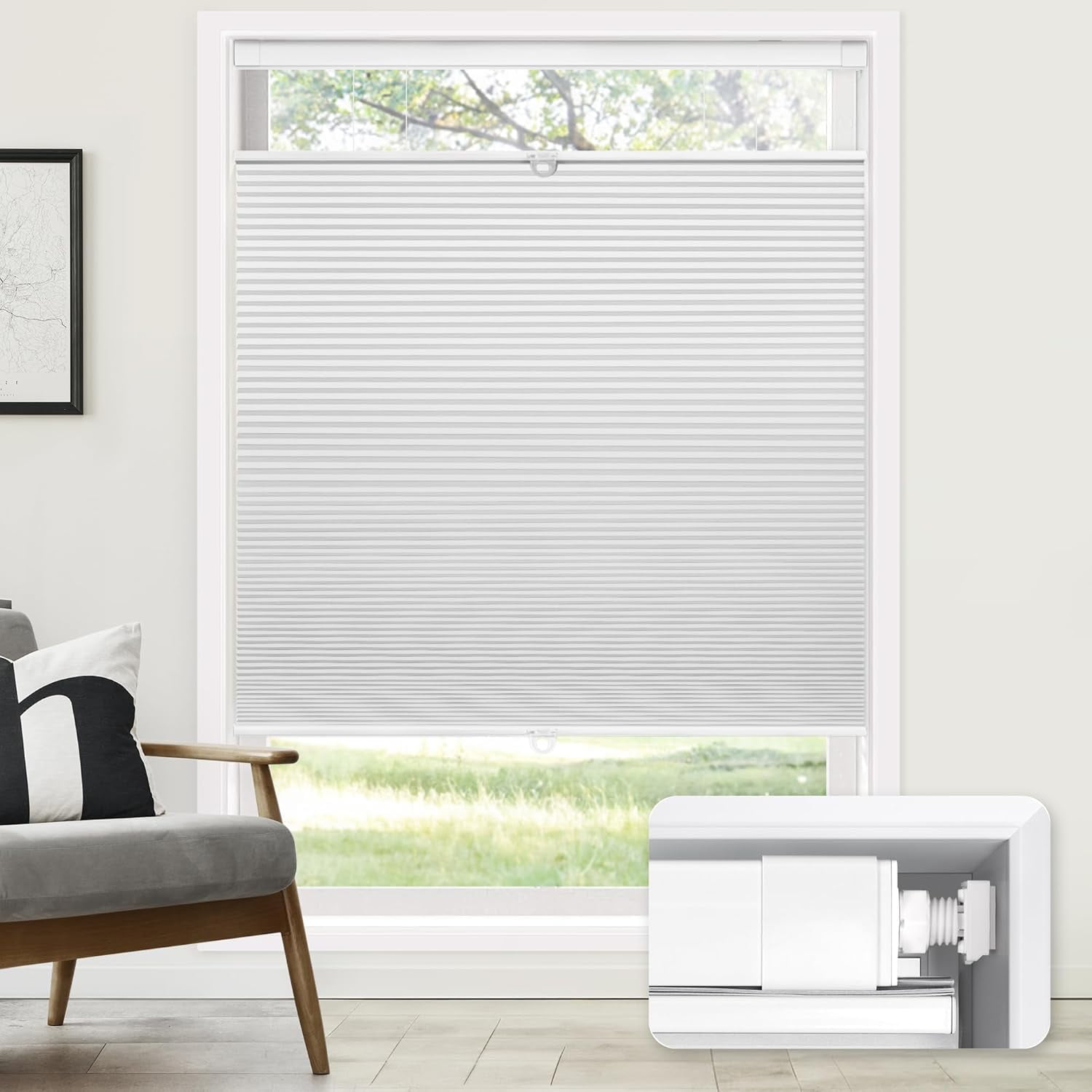 LazBlinds No Tools No Drill Cordless Cellular Shades, Top Down Bottom Up (TDBU) Honeycomb Shades for Home, Blackout Light Blocking Thermal Insulation Blinds for Windows, 37" W x 64" H, White
