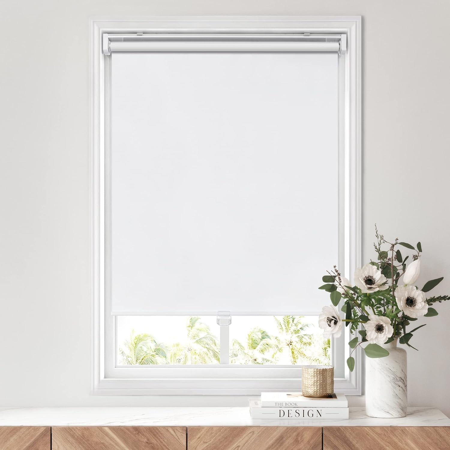 LazBlinds No Tools No Drill Cordless Roller Shades, 100% Blackout Roller Blinds for Windows, Thermal Insulated UV Protection Waterproof Roll Up Window Blinds and Shades, 34'' W x 72'' H, White