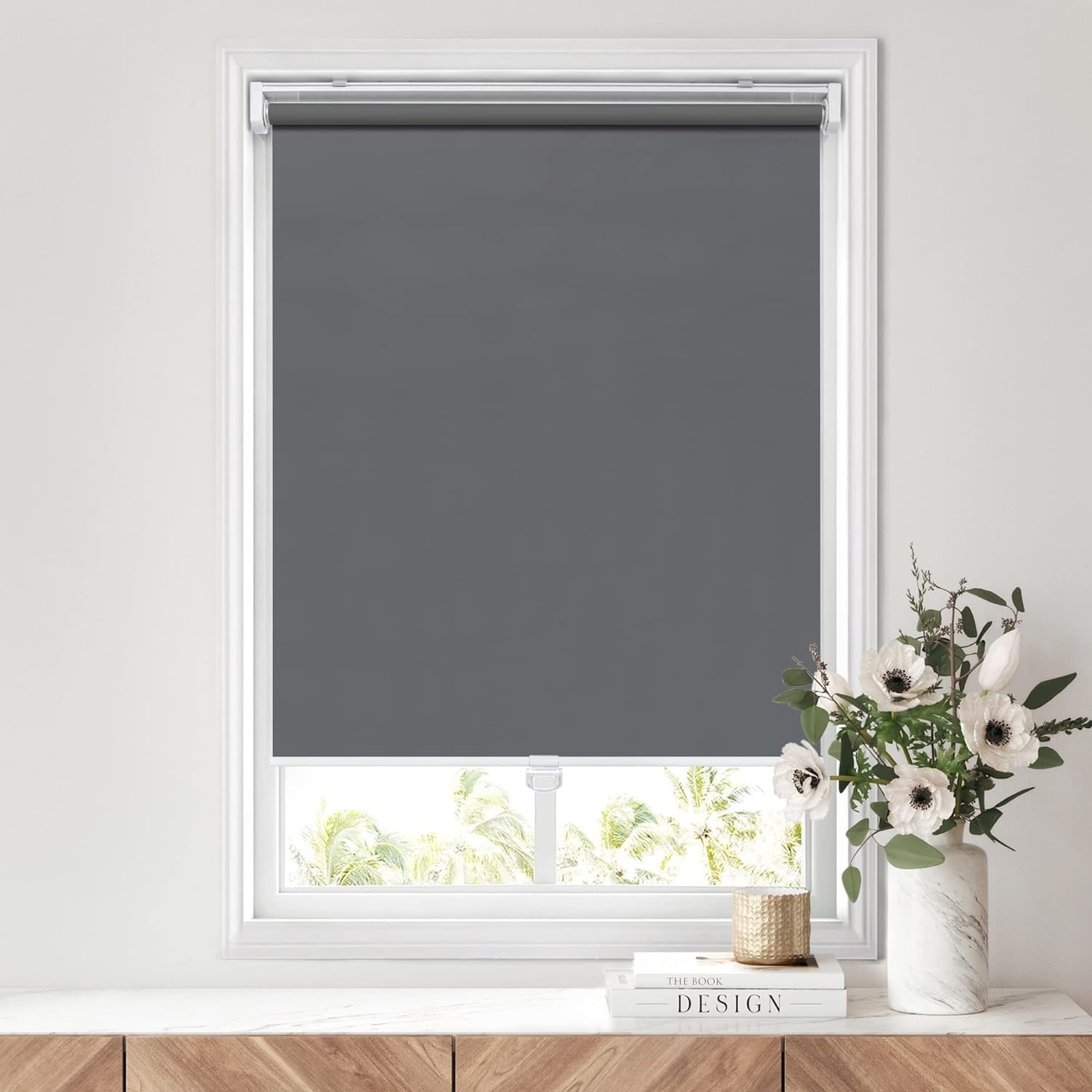 LazBlinds No Tools No Drill Cordless Roller Shades, 100% Blackout Roller Blinds for Windows, Thermal Insulated UV Protection Waterproof Roll Up Window Blinds and Shades, 34'' W x 72'' H, Grey