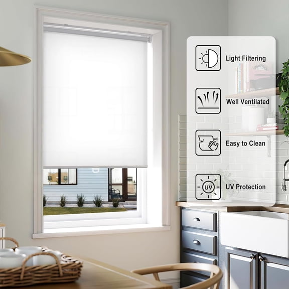 LazBlinds No Tools No Drill Cordless Roller Shades, Light Filtering Roller Blinds for Windows, Thermal Insulated UV Protection Roll Up Window Blinds and Shases, 26'' W x 72'' H, White