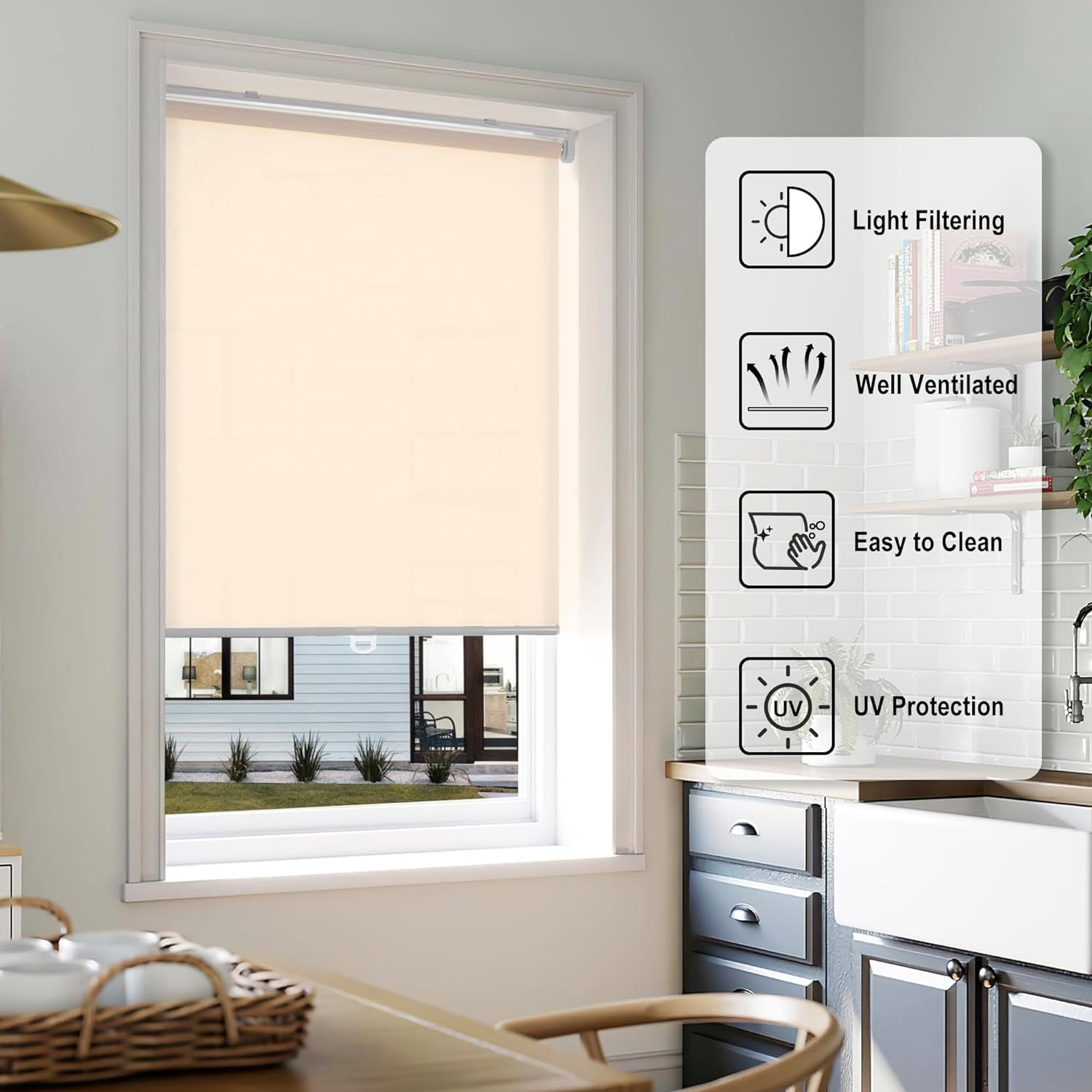LazBlinds No Tools No Drill Cordless Roller Shades, Light Filtering Roller Blinds for Windows, Thermal Insulated UV Protection Roll Up Window Blinds and Shases, 35'' W x 72'' H, Beige