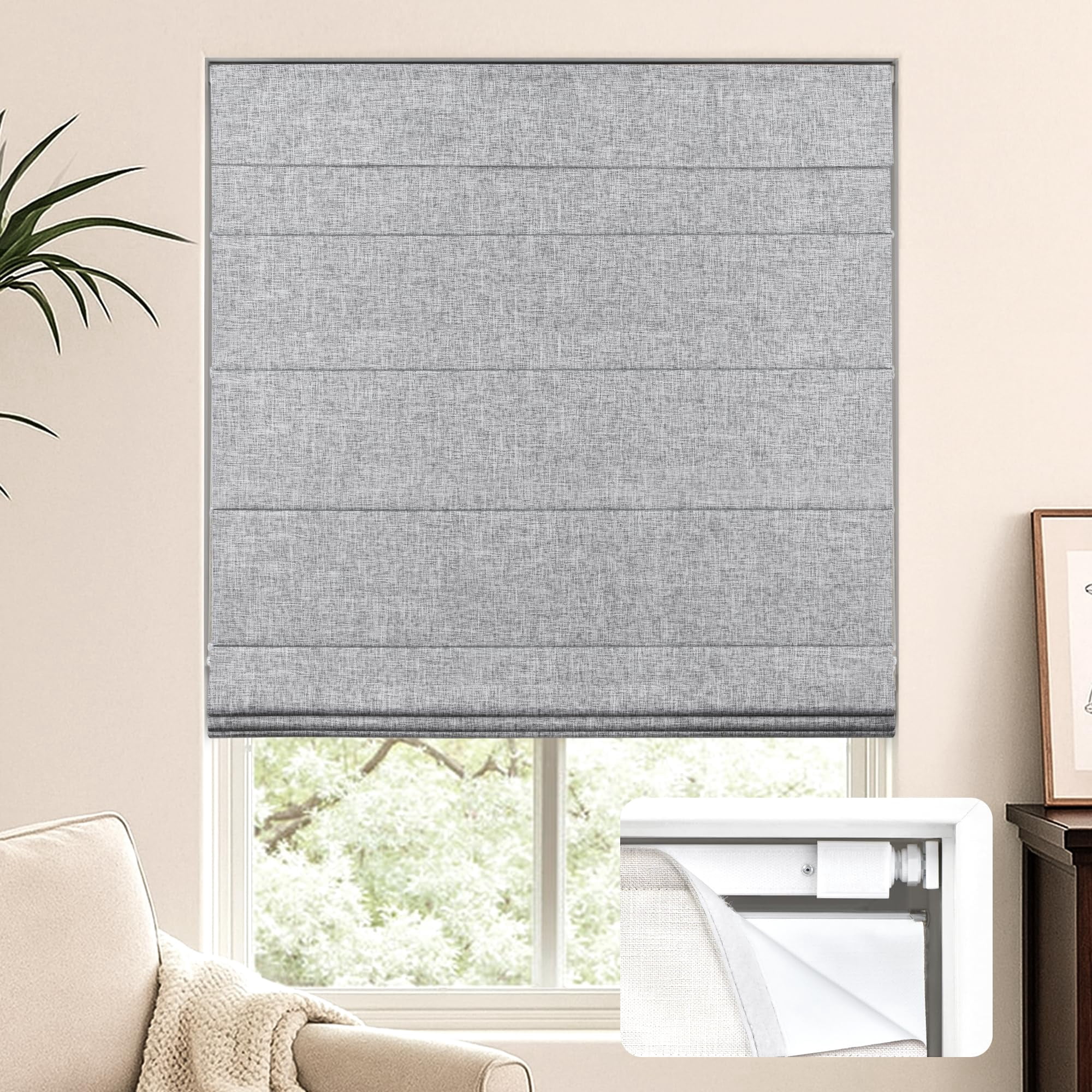 LazBlinds No Tools No Drill Cordless Roman Shades for Windows, Blackout Thermal Insulated UV Blocking Window Blinds, Lightweight Fabric Blinds for Indoor Windows, 24" W x 60" H, Blackout - Grey