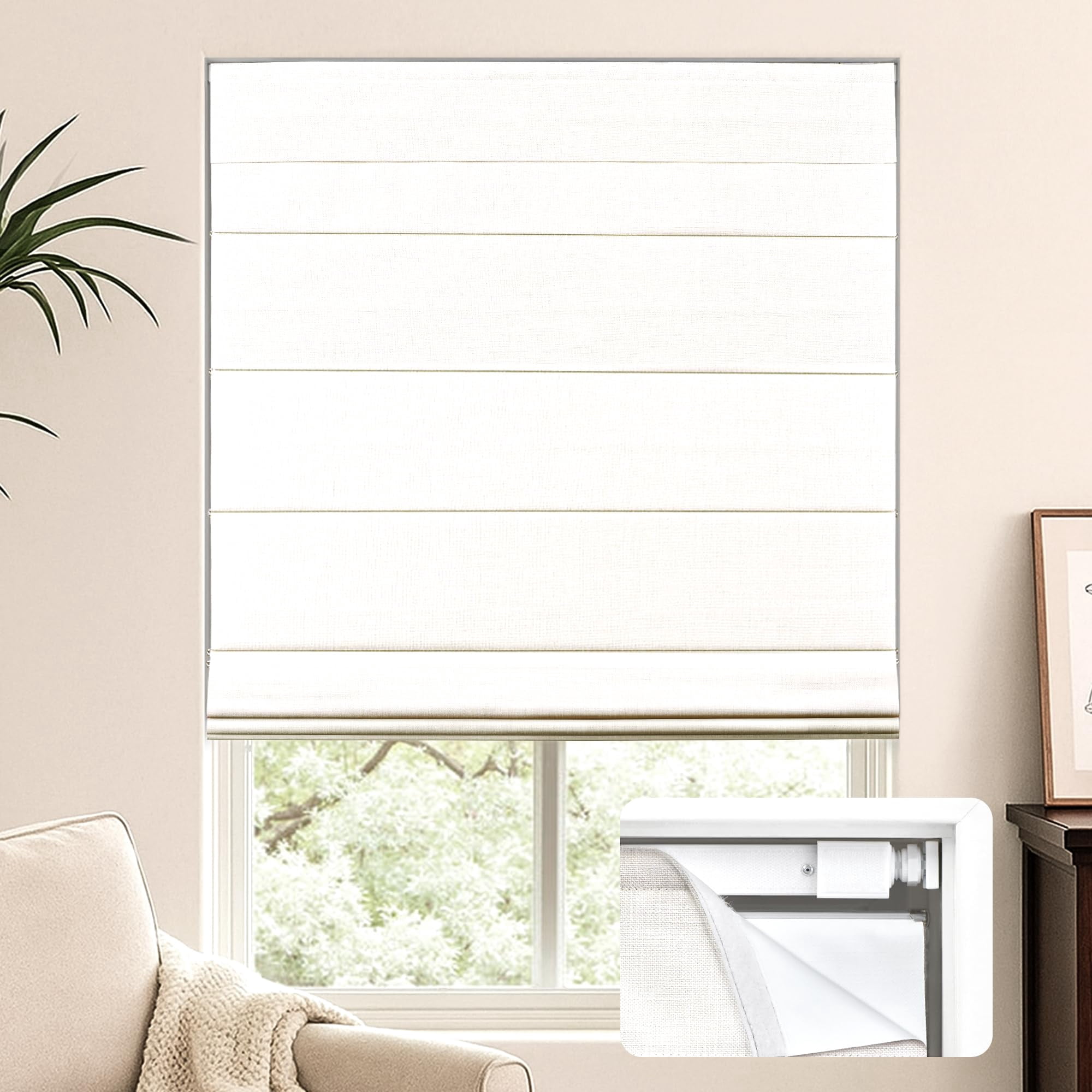 LazBlinds No Tools No Drill Cordless Roman Shades for Windows, Blackout Thermal Insulated UV Blocking Window Blinds, Lightweight Fabric Blinds for Indoor Windows, 44" W x 60" H, Blackout - White