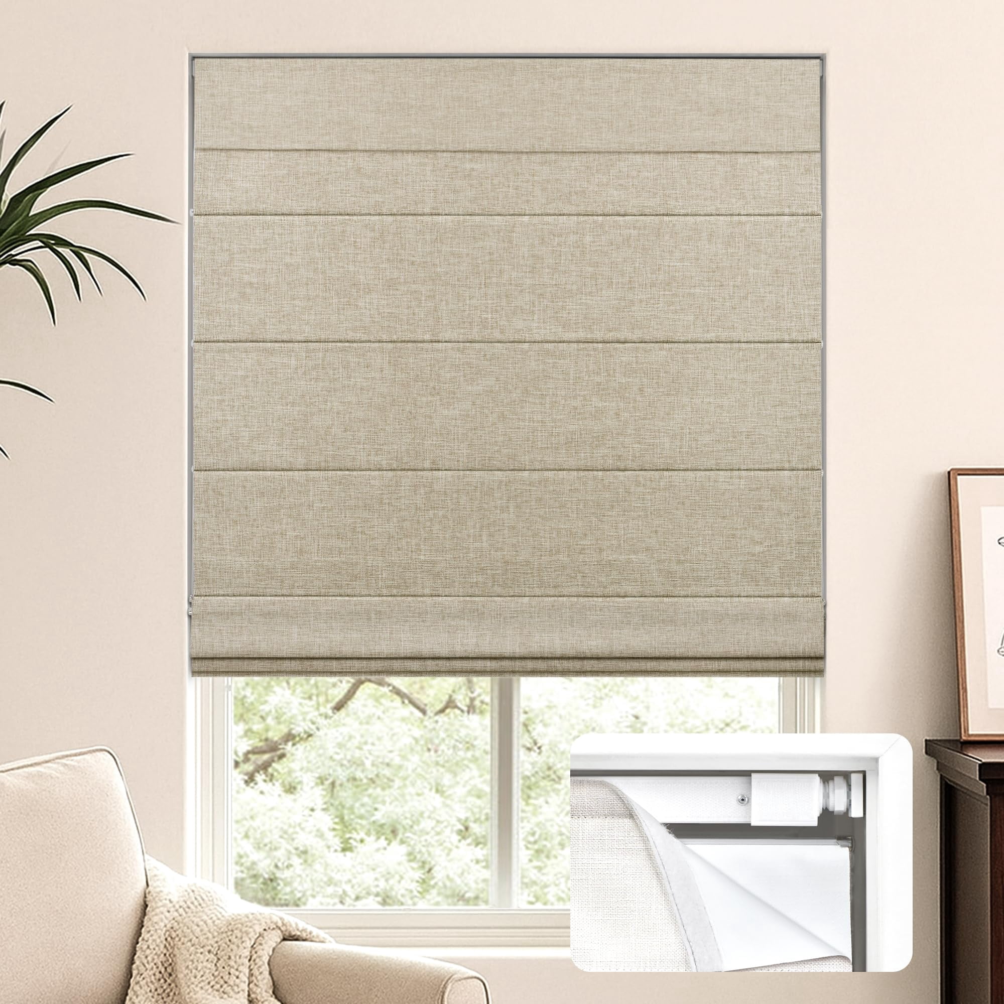 LazBlinds No Tools No Drill Cordless Roman Shades for Windows, Blackout Thermal Insulated UV Blocking Window Blinds, Lightweight Fabric Blinds for Indoor Windows, 48" W x 60" H, Blackout - Beige