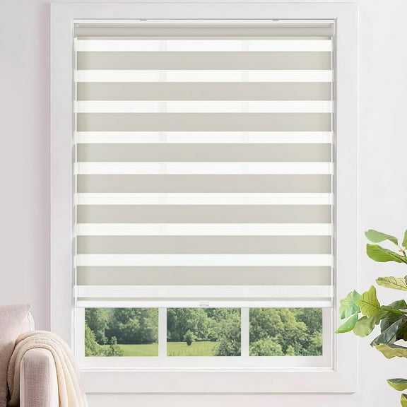 LazBlinds No Tools No Drill Cordless Zebra Blinds for Windows, Dual Layer Light Control for Day and Night, Light Filtering Privacy Roller Blinds and Shades for Home, 23" W x 72" H, Stone Grey