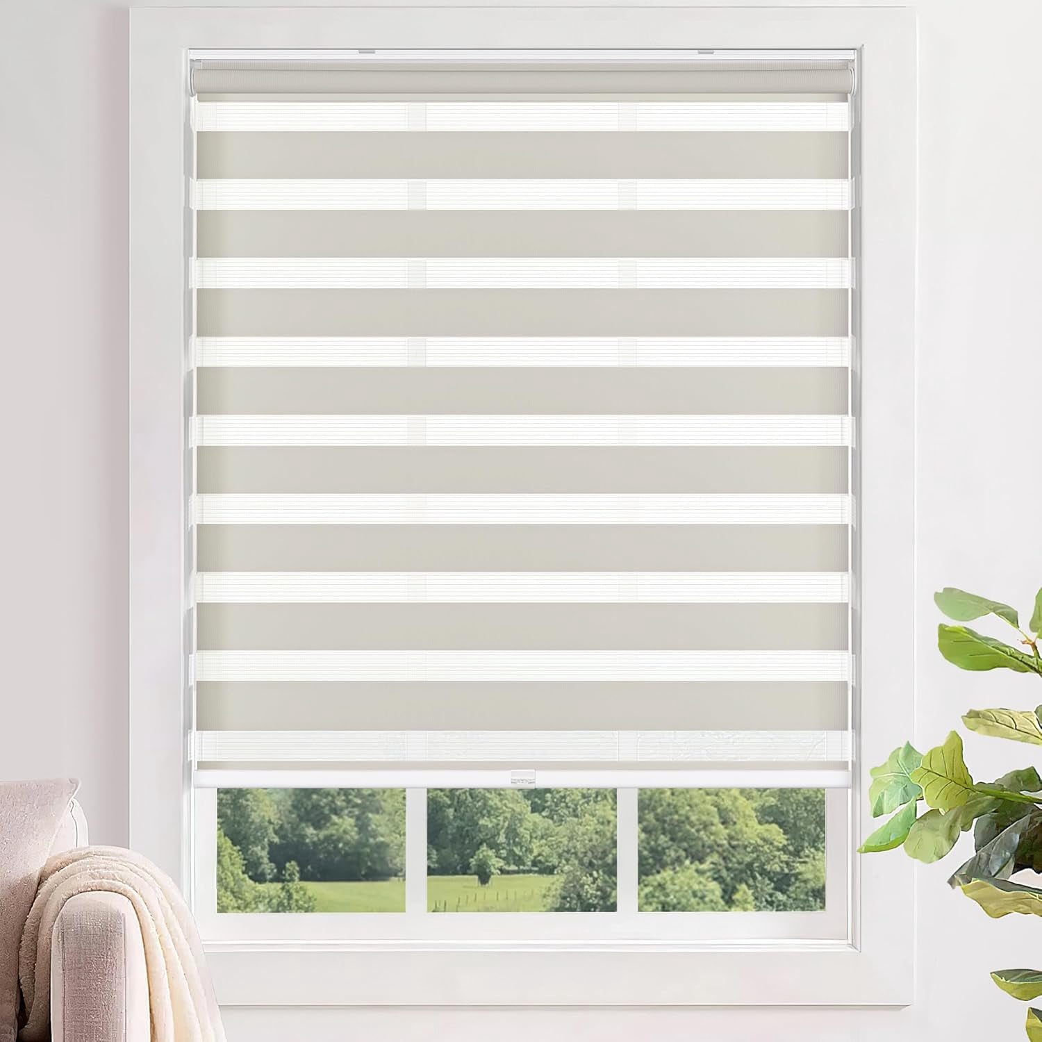 LazBlinds No Tools No Drill Cordless Zebra Blinds for Windows, Dual Layer Light Control for Day and Night, Light Filtering Privacy Roller Blinds and Shades for Home, 44" W x 72" H, Stone Grey