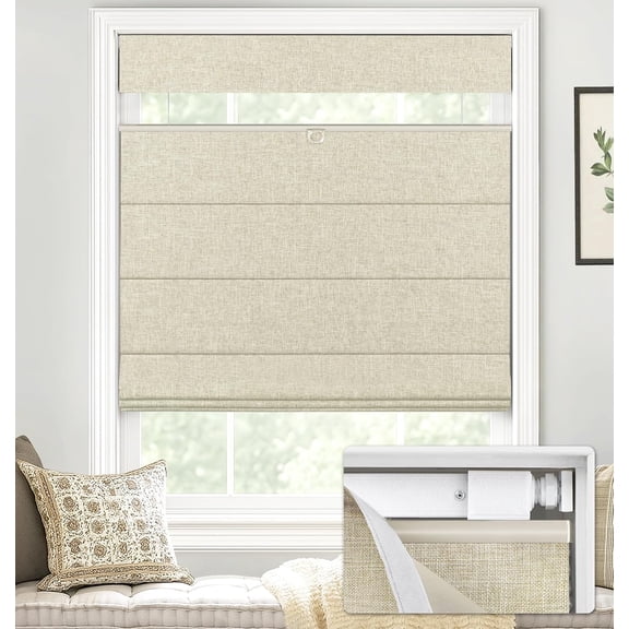 LazBlinds No Tools No Drill TDBU Cordless Roman Shades for Window, Thermal Insulated UV Blocking, 100% Blackout Fabric Blinds for Bedroom & Living Room, 32"W x 64"H, Blackout - Beige