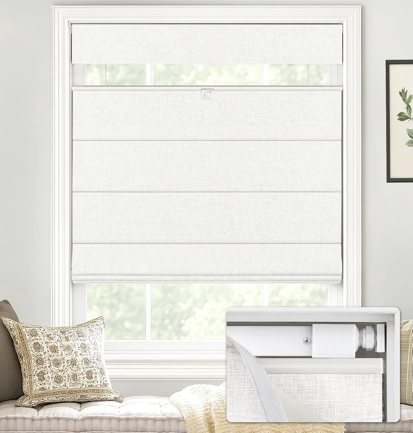 LazBlinds No Tools No Drill TDBU Cordless Roman Shades for Window, Thermal Insulated UV Blocking, 100% Blackout Fabric Blinds for Bedroom & Living Room, 34"W x 64"H, Blackout - White