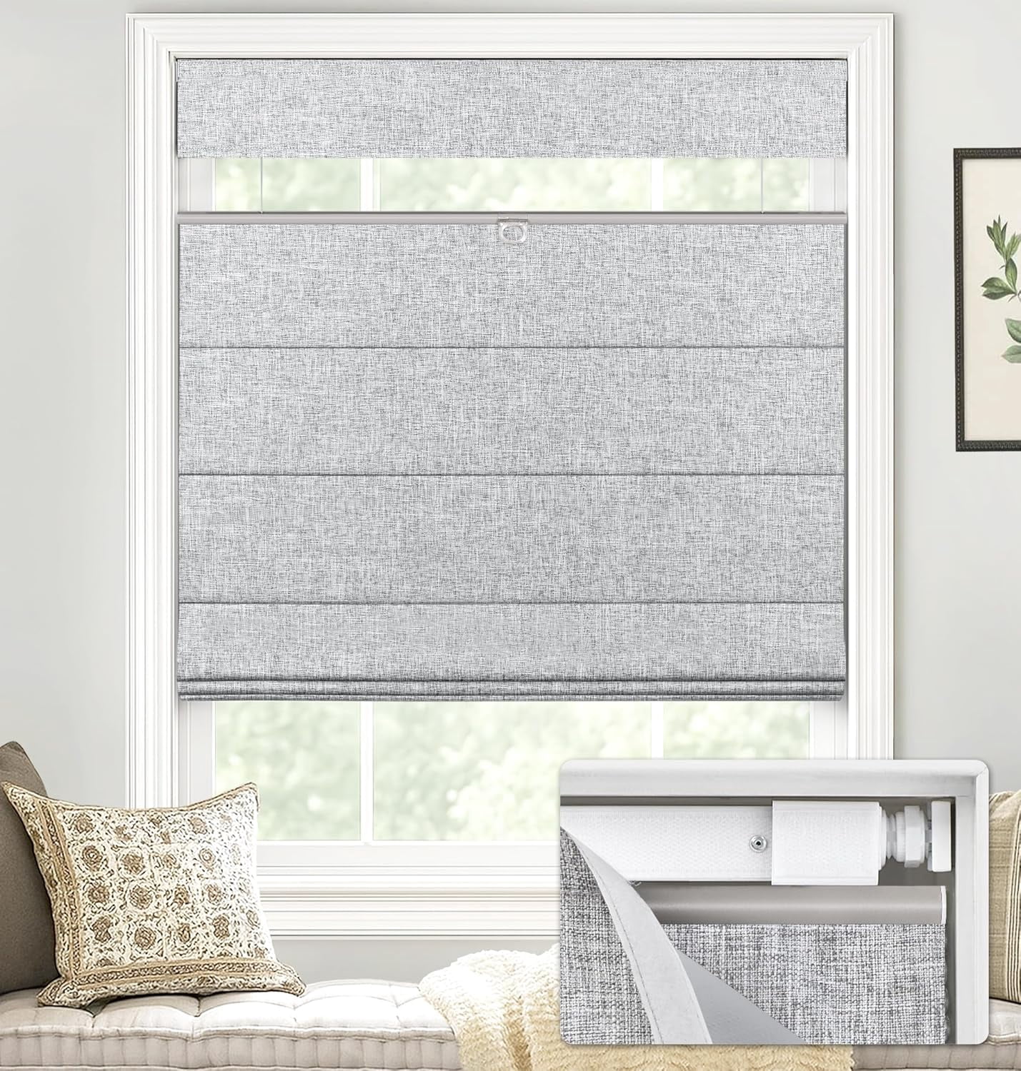 LazBlinds No Tools No Drill TDBU Cordless Roman Shades for Window, Thermal Insulated UV Blocking, 100% Blackout Fabric Blinds for Bedroom & Living Room, 45"W x 64"H, Blackout - Grey