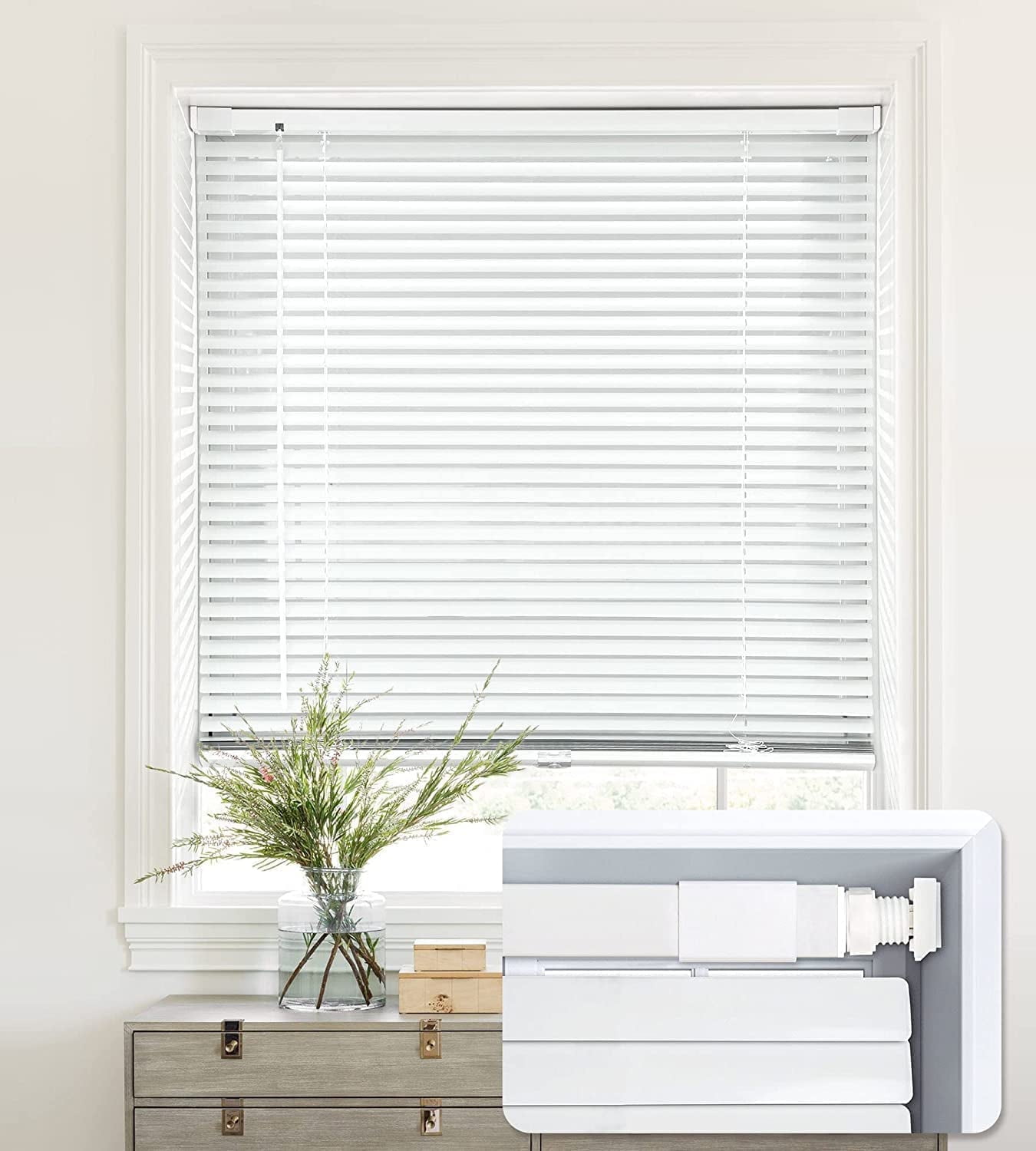LazBlinds No Tools-No Drill 1" Aluminum Mini Blinds, Cordless Blinds for Windows, Light Filtering Horizontal Blinds and Shades for Window Size 37'' W x 48'' H, White