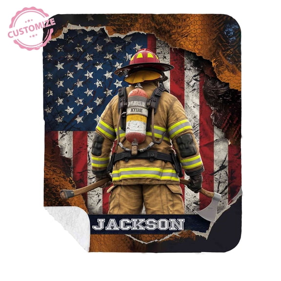 Lazaofficial Custom Blanket With Name, Firefighter Blanket, Firefighter Blanket Personalized, American Flag Throw Blanket, Name Blanket