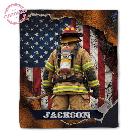 Lazaofficial Custom Blanket With Name, Firefighter Blanket, Firefighter Blanket Personalized, American Flag Throw Blanket, Name Blanket