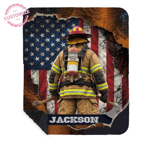 Lazaofficial Custom Blanket With Name, Firefighter Blanket, Firefighter Blanket Personalized, American Flag Throw Blanket, Name Blanket