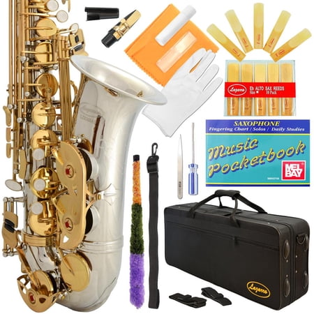 Lazarro Professional Silver Body Gold Keys Eb E Flat Alto Saxophone with 11 Reeds, Case and Many Extras, 360-2C