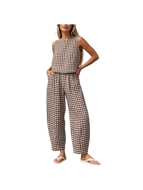 2 Piece Sets for Women Summer Plaid Sleeveless Tops Wide Leg Pants Matching Lounge Set Beach Vacation Outfits