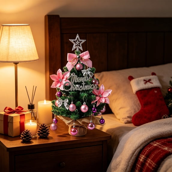 Lazduis Christmas Centerpieces for Tables Mini Christmas Tree with Star Topper, Bow, Poinsettia Flowers and Bauble Ornaments