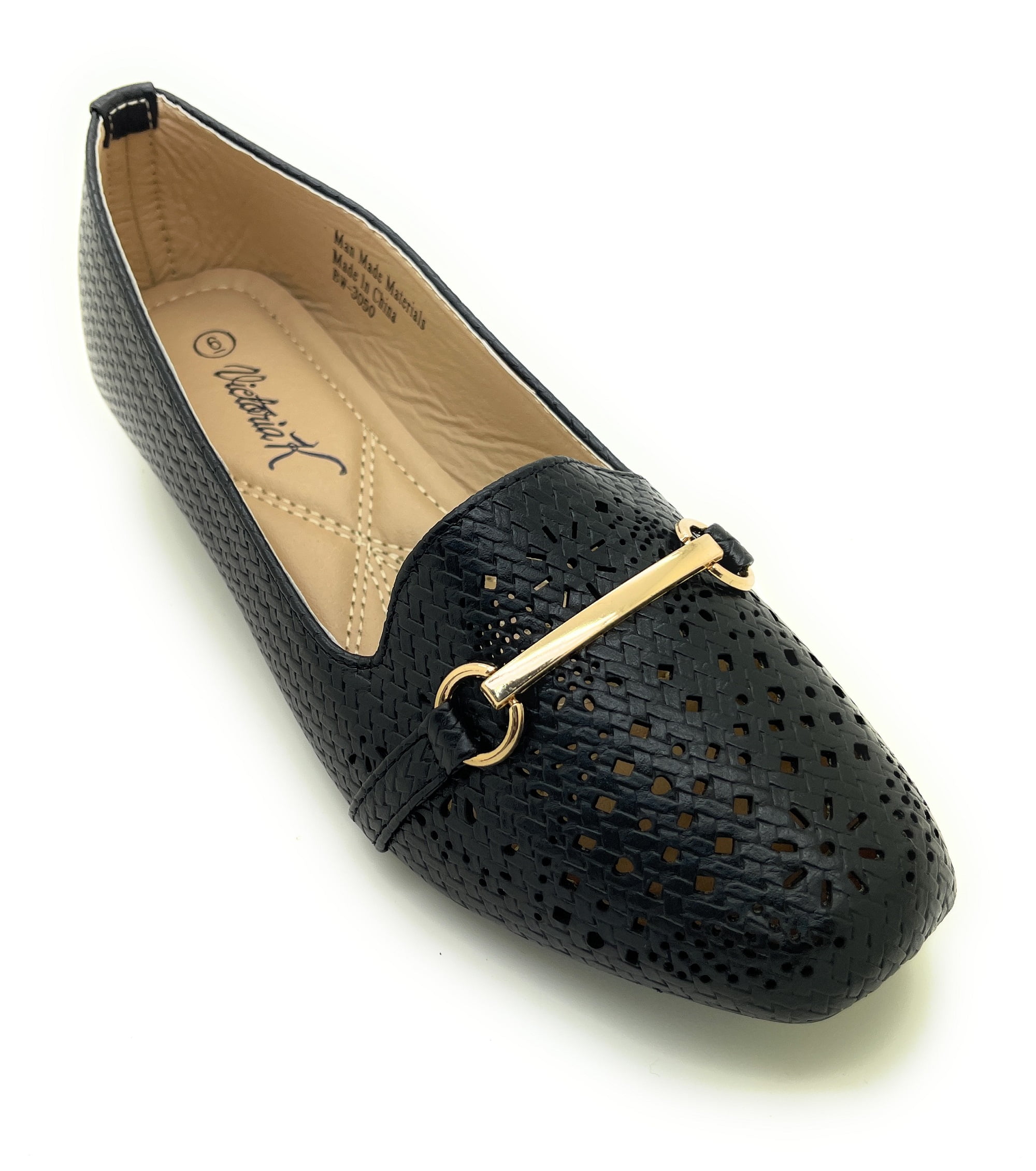 Women’s Stylish Perforated Slip-On Loafers – Lightweight Low Wedge Dress Flats with Cushioned Insole, Breathable Cutout Design, and Gold Buckle Accent – Comfortable Everyday Work or Casual Shoes