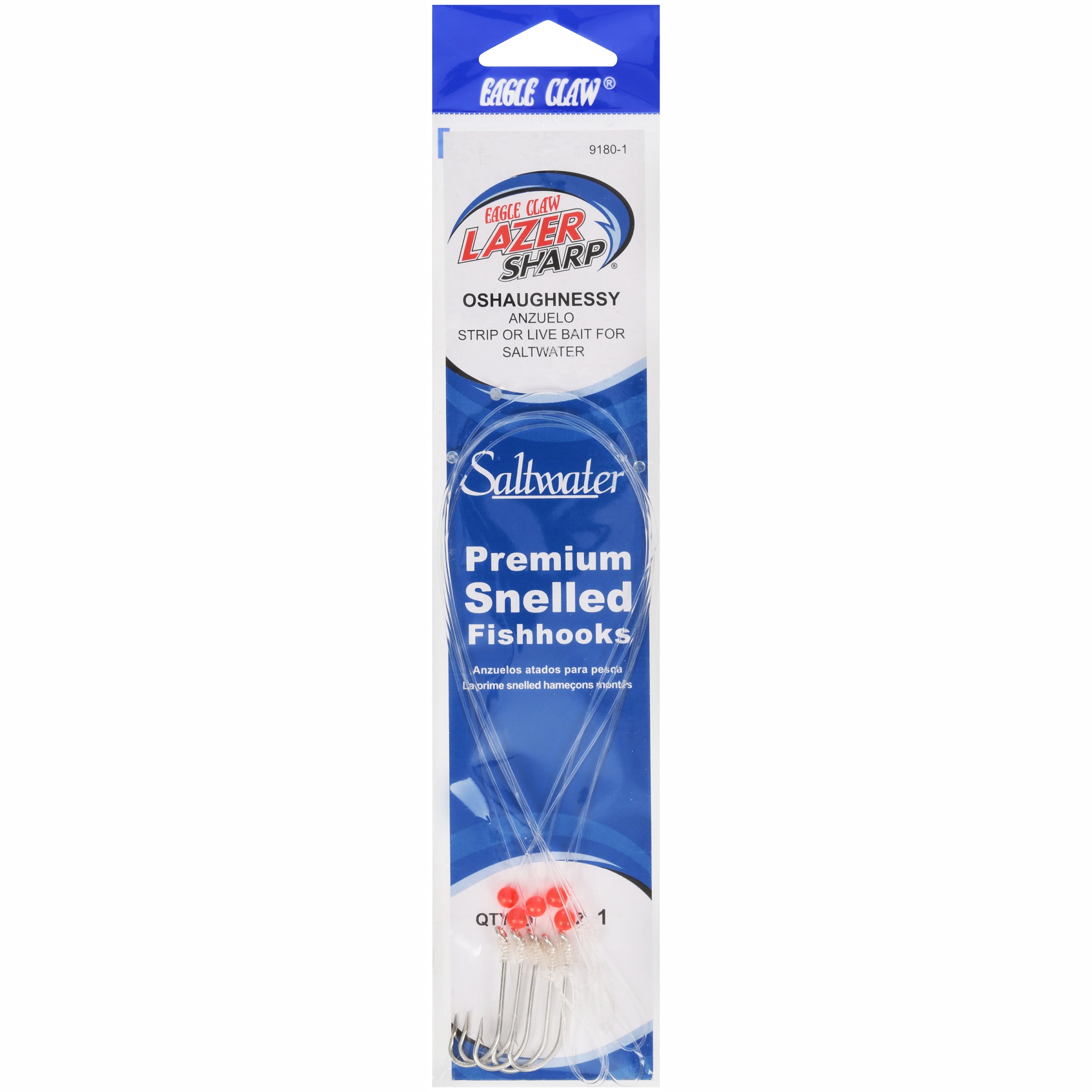 Lazer Sharp 9180H-1 Saltwater Oshaughnessy Snelled Fish Hook 5 Count, Size 1