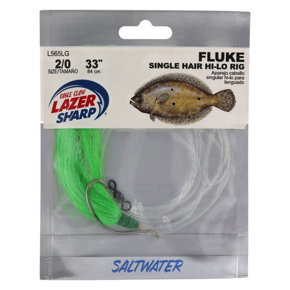 Lazer Sharp Fluke Hi-Lo Single Hair Rigs  Mono 2 Hook Rig 33 - Kahle Hooks-Size 2/0-Nickel  Single Hair Skirt-Lime Green  Crane Swivel  1 pack