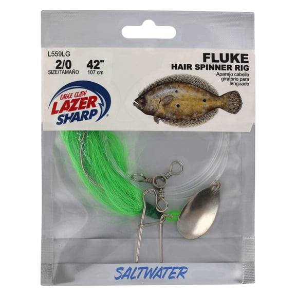 Lazer Sharp Fluke Spinner Hair Rigs Mono 1 Hook Rig 42 - Kahle Hooks-Size 2/0-Nickel Nickle Spinner Blade Hair Skirt-Lime Green - 3-Way Swivel Dual Lock Snap Fluorescent Beads 1 pack
