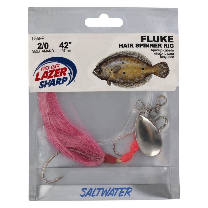 Lazer Sharp Fluke Spinner Hair Rigs – Mono 1 Hook Rig 42”” - Kahle Hooks-Size 2/0-Nickel – Nickle Spinner Blade – Hair Skirt-Pink - 3-Way Swivel – Dual Lock Snap – Fluorescent Beads – 1 pack
