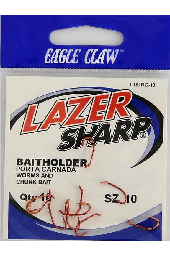 Lazer Sharp L181RGH-10 Baitholder Down Eye Offset Hook, Red, Size 10, 10 Pack