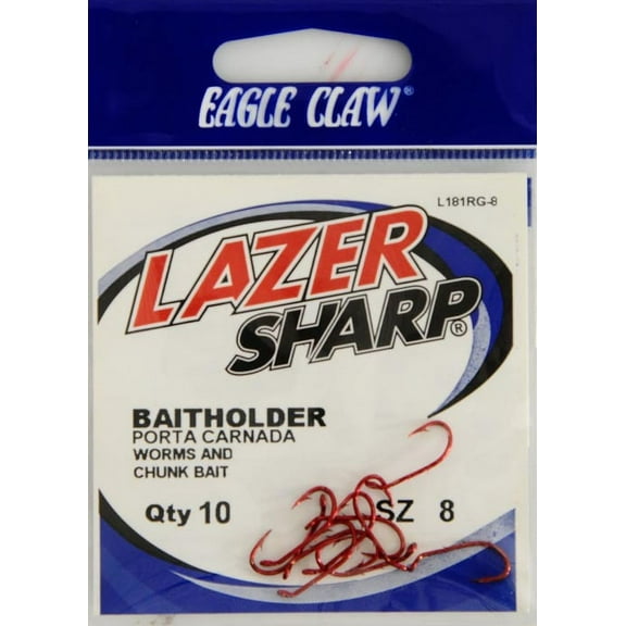 Lazer Sharp L181RGH-8 Baitholder Down Eye Offset Hook, Red, Size 8, 10 Pack