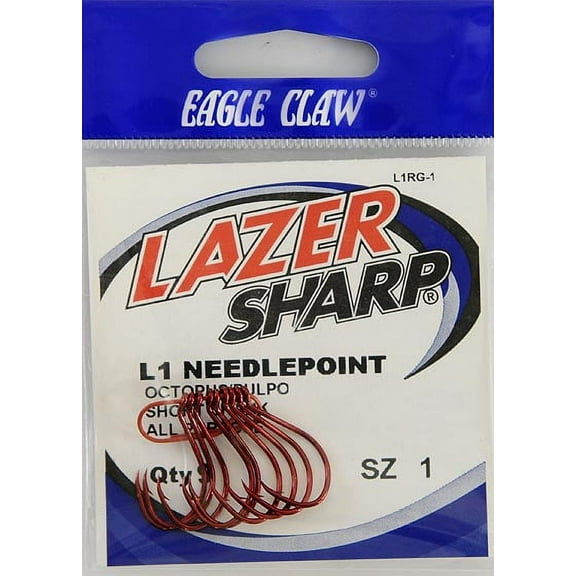 Lazer Sharp L1RGH-1 Octopus Short Shank Hook, Red, Size 1, 9 Pack