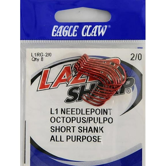 Lazer Sharp L1RGH-2/0 Octopus Short Shank Hook, Red, Size 2/0, 8 Pack