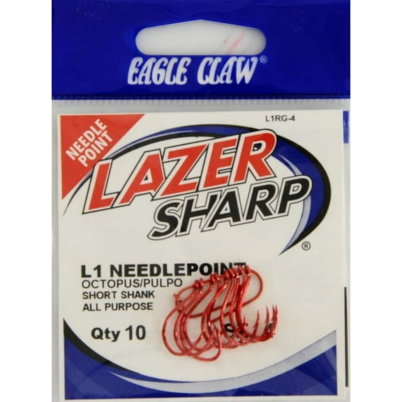 Lazer Sharp L1RGH-4 Octopus Short Shank Hook, Red, Size 4, 10 Pack