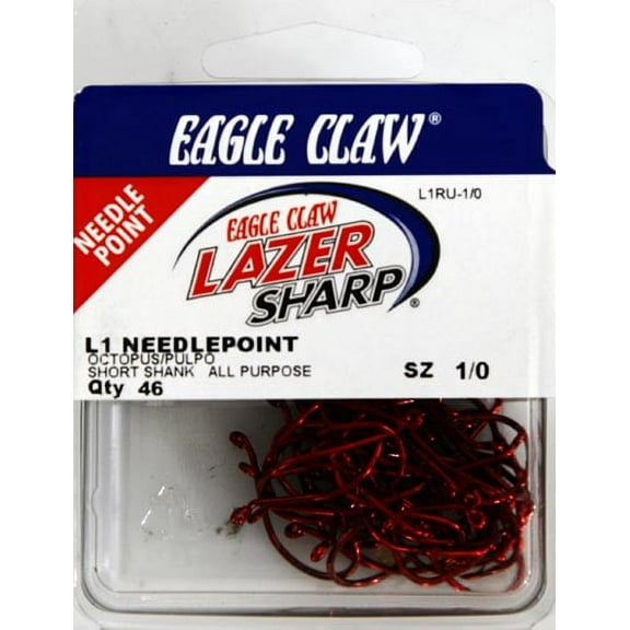 Lazer Sharp L1RUH-1/0 Octopus Short Shank Hook, Red, Size 1/0, 46 Pack