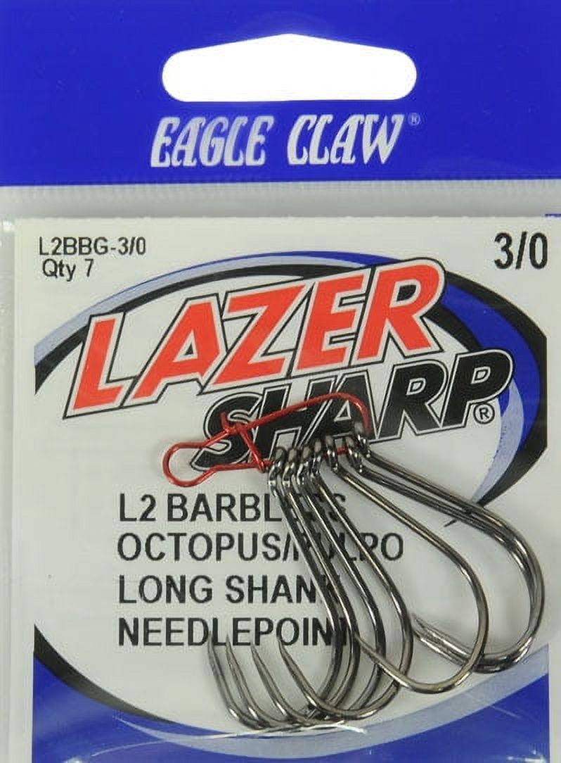Lazer Sharp L2BBGH-3/0 Barbless Long Shank Octopus Hook, Black, Size 3/0, 7 Pack