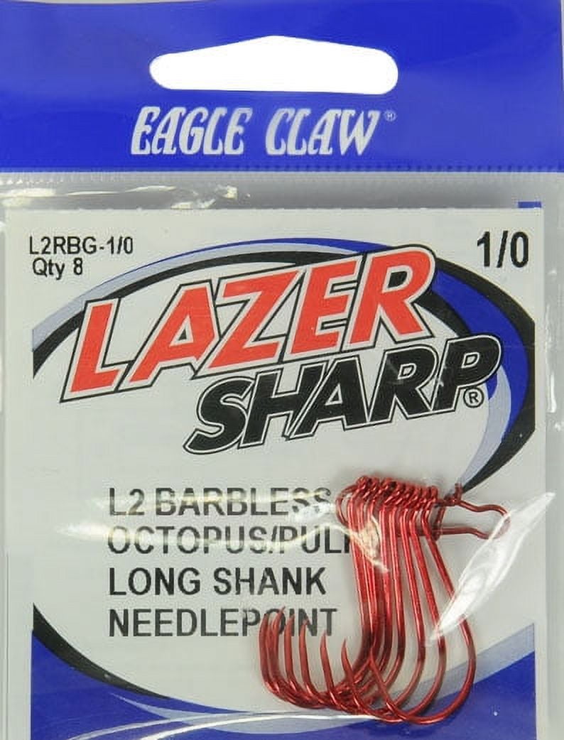 Lazer Sharp L2RBGH-1/0 Barbless Long Shank Octopus Hook, Red, Size 1/0, 8  Pack