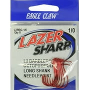Lazer Sharp L2RBGH-1/0 Barbless Long Shank Octopus Hook, Red, Size 1/0, 8 Pack