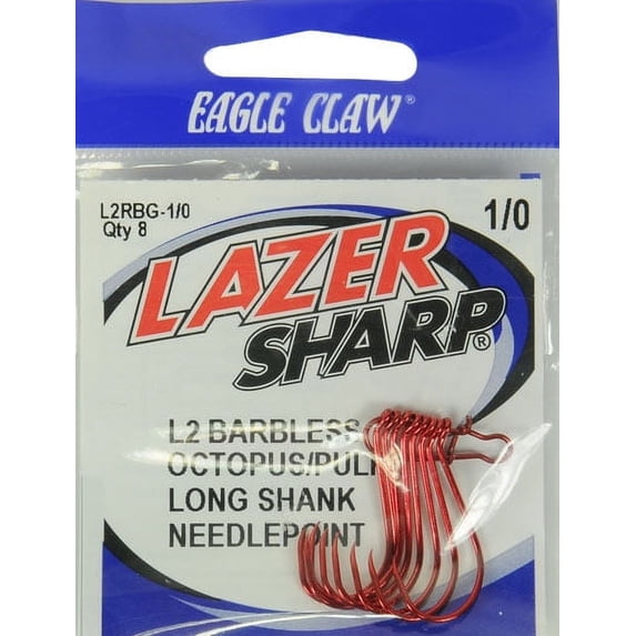 Lazer Sharp L2RBGH-1/0 Barbless Long Shank Octopus Hook, Red, Size 1/0, 8 Pack