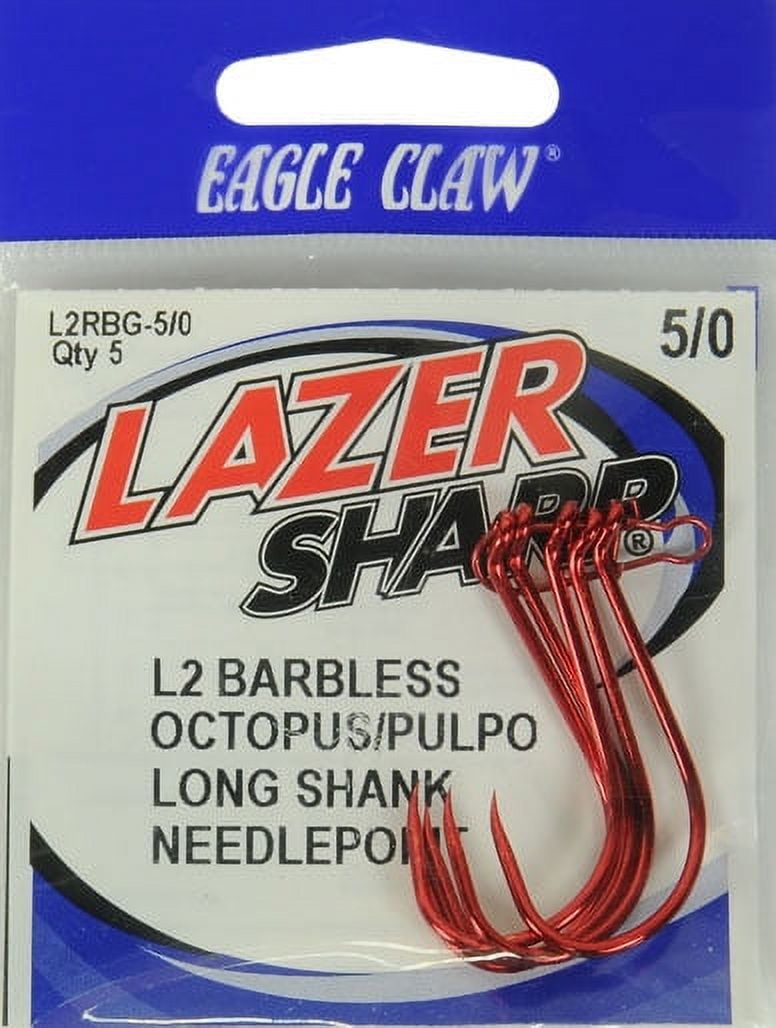 Lazer Sharp L2RBGH-5/0 Barbless Long Shank Octopus Hook, Red, Size 5/0, 5 Pack
