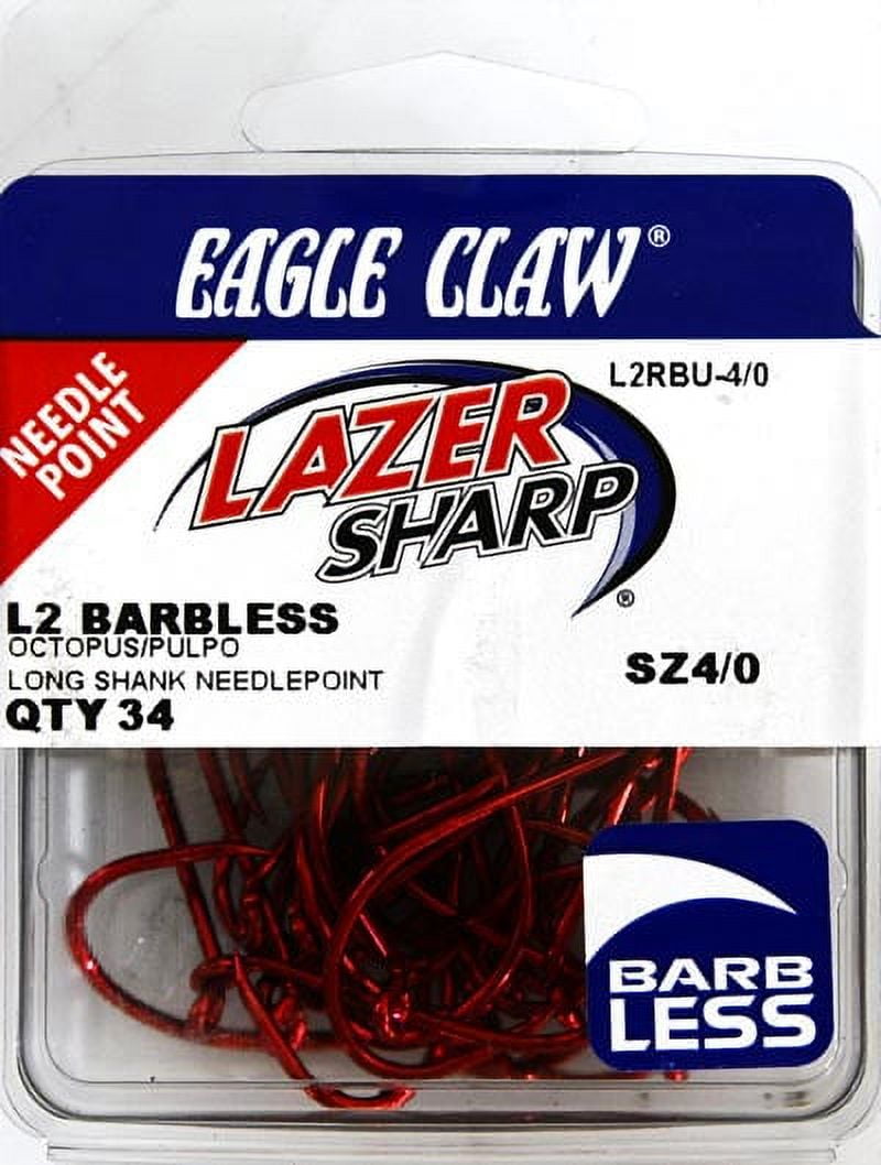 Lazer Sharp L2RBUH-4/0 Barbless Long Shank Octopus Hook, Red, Size 4/0, 34 Pack