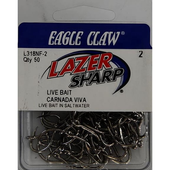 Eagle Claw Lazer Sharp Live Bait Extra Strong Hook, Nickel, Size 2
