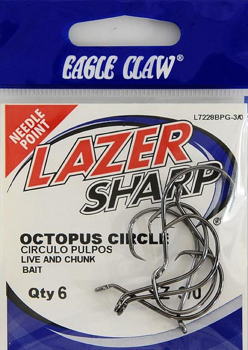 Eagle Claw Lazer Sharp Octopus Circle Up Eye Non-Offset Hook, Black, Size 3/0, 6 Pack