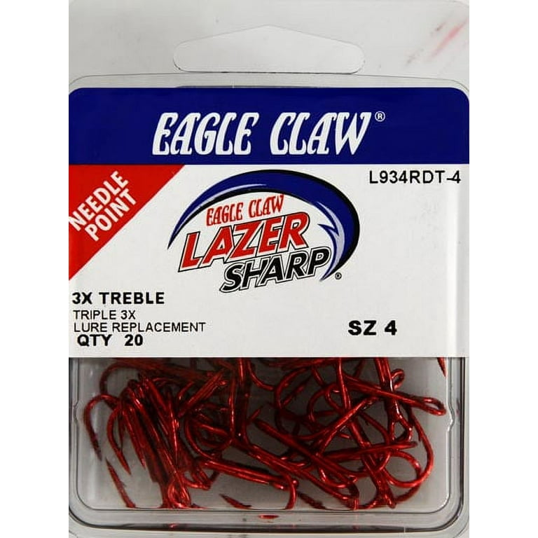 Eagle Claw Lazer Sharp L934RDTK-4 3X Treble Regular Shank Round Bend Hook, 20 Piece, Red