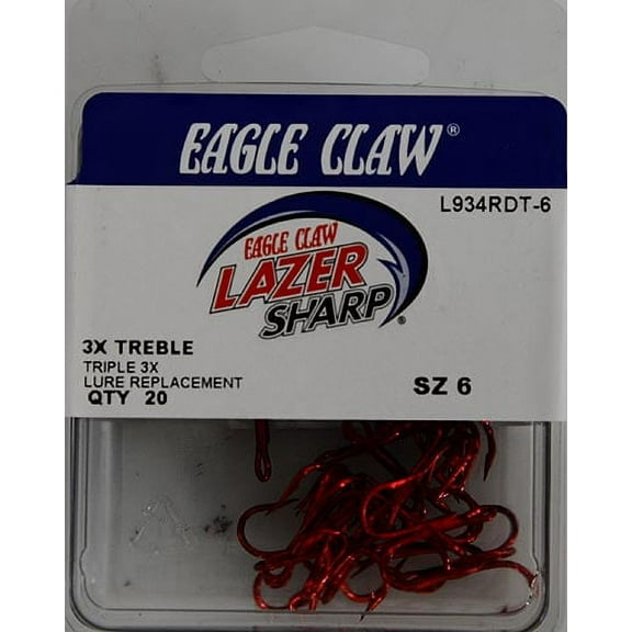 Lazer Sharp L934RDTH-6 3X Treble Hook, Red, Size 6