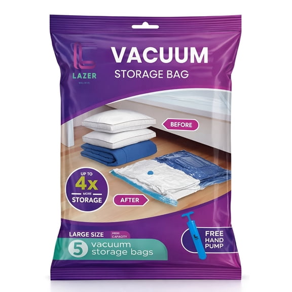 Lazer Vacuum Storage Bags with Hand Pump, Airtight Compression Bags, Pack of 5.