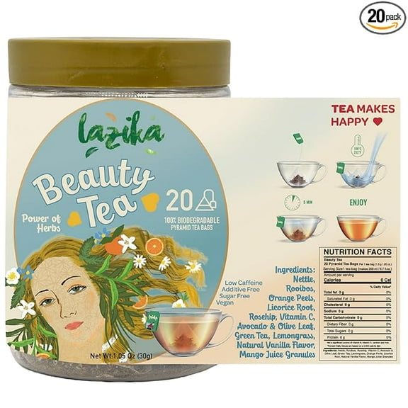 Lazika Beauty Tea for Women with 20 Biodegradable Teabags, Wellness Tea, Natural Herbal Tea, Green Tea, Lemon Grass, Orange Peels, Vitamin C