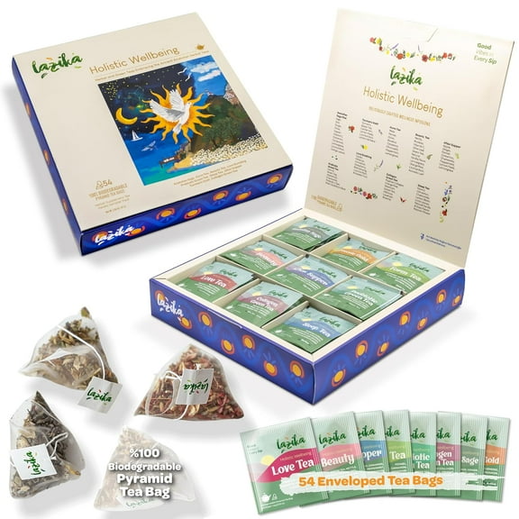 Lazika Herbal Tea Variety Pack with Lovely Presentation Box, 54 Counts, Holistic Wellbeing Tea Assortment Gift Set, Premium Collection with Pyramid Infuser Bag, Handcrafted