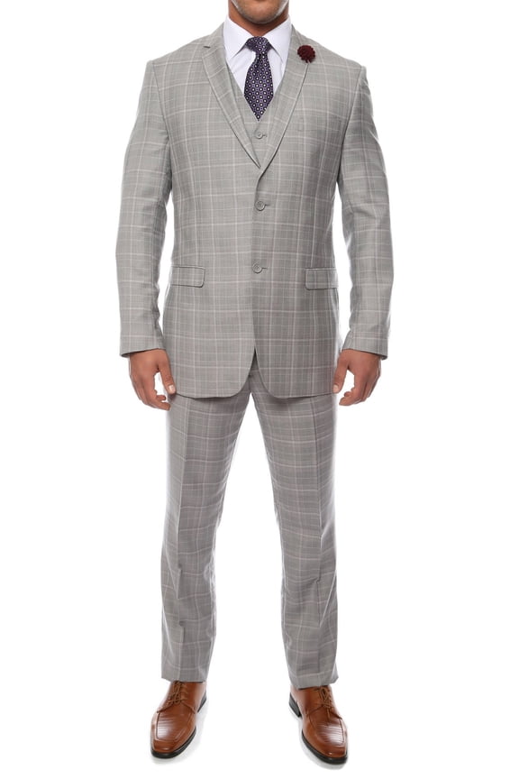 Light Grey 3pc Vested Slim Fit Plaid Suit